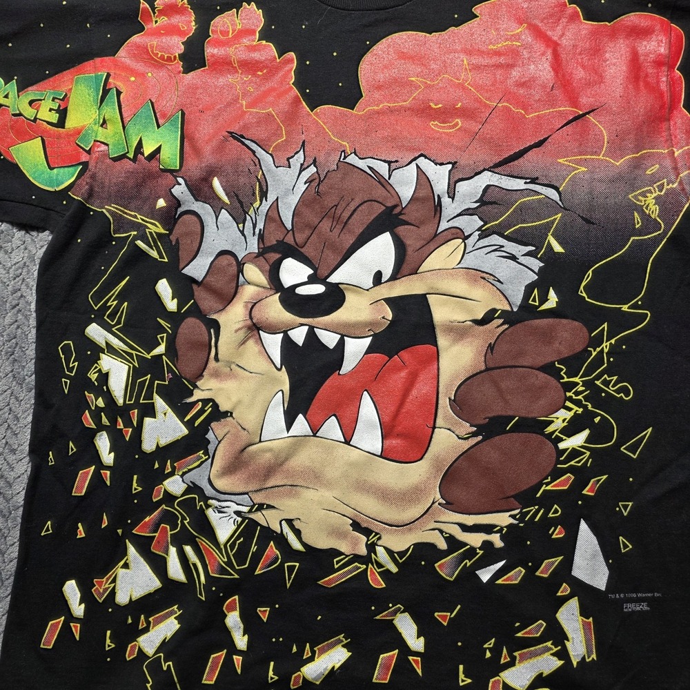 VTG 1996 Space Jam Taz Freeze Warner Bros T Shirt Men's L Black Single‎ Stitch